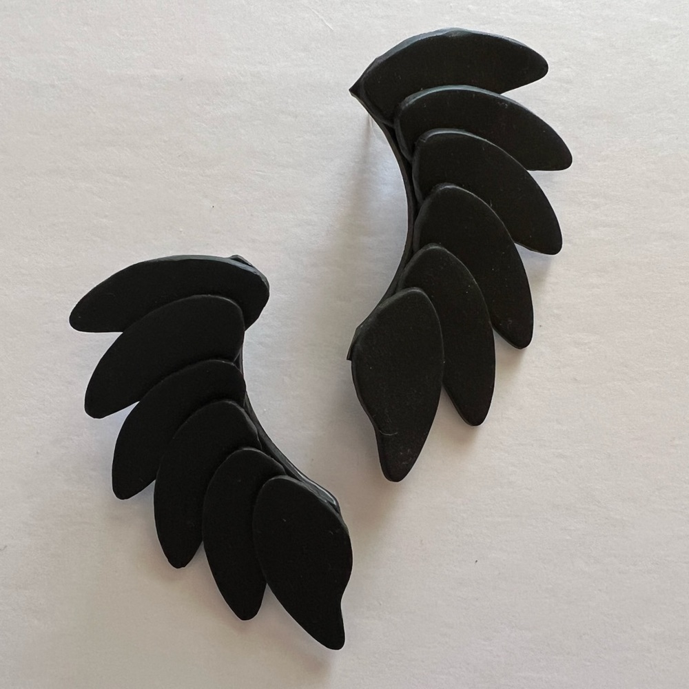 Black Layered Wing Polymer Clay Statement Dangle Earrings - approx 2.5” long